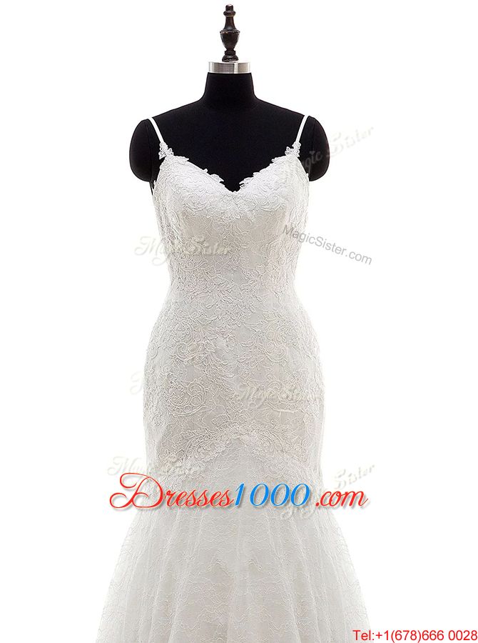 Mermaid White Backless Wedding Dresses Lace Sleeveless With Brush Train
