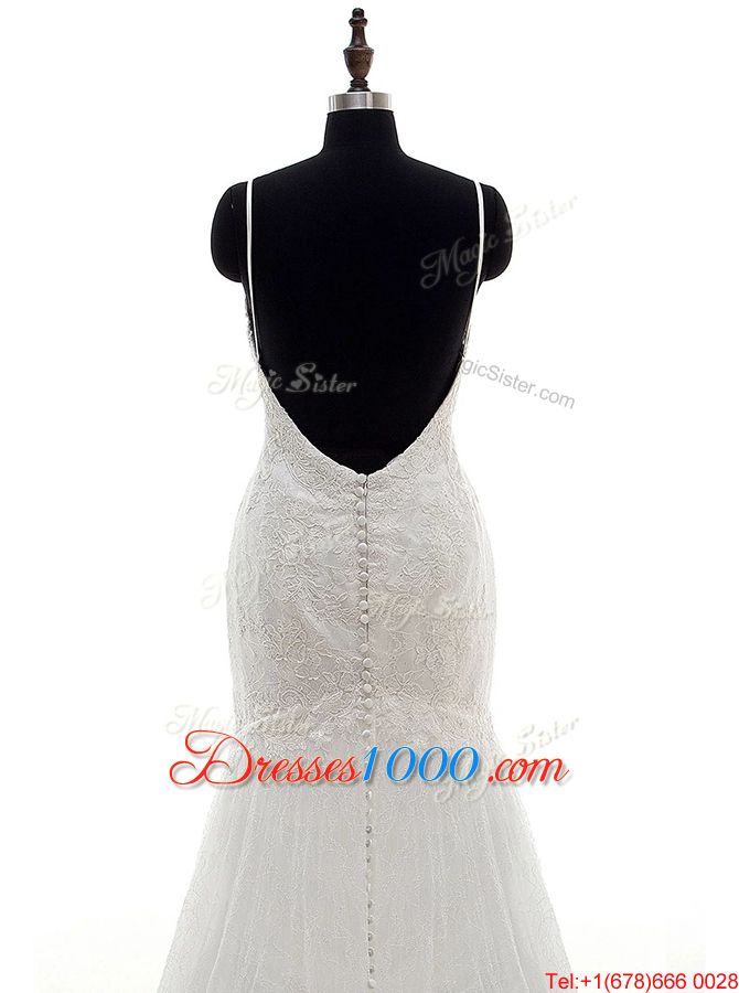 Mermaid White Backless Wedding Dresses Lace Sleeveless With Brush Train