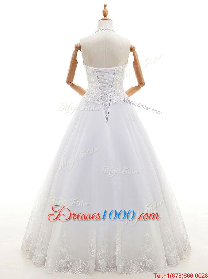 Halter Top Sleeveless Organza Floor Length Lace Up Wedding Dress in White for with Lace and Appliques