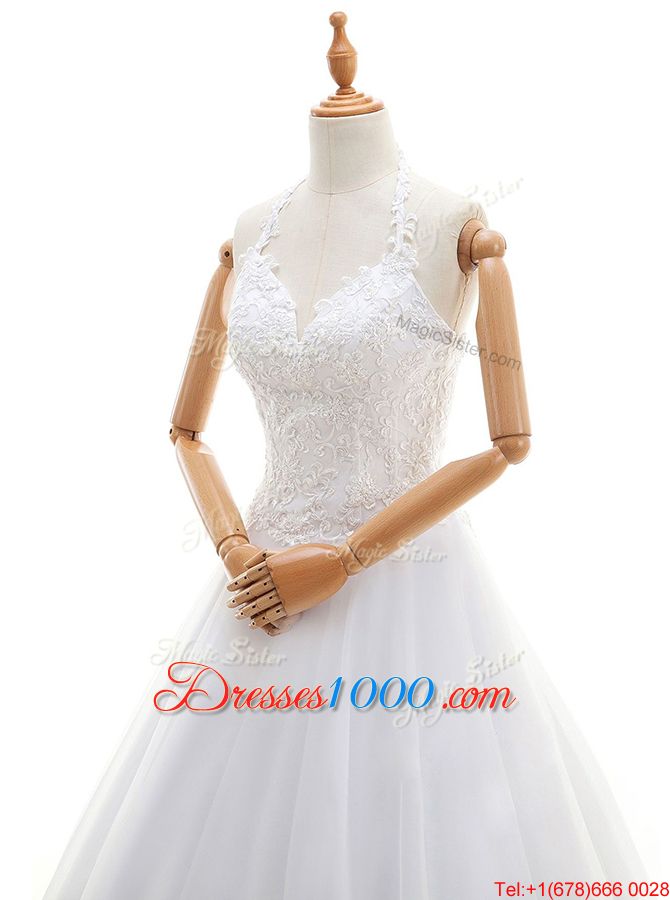 Halter Top Sleeveless Organza Floor Length Lace Up Wedding Dress in White for with Lace and Appliques
