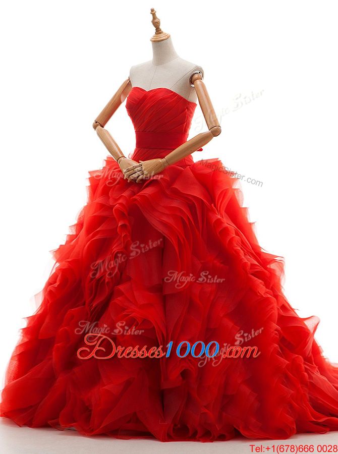 Fantastic Sleeveless Tulle Brush Train Lace Up Wedding Gown in Red for with Ruffles and Ruching