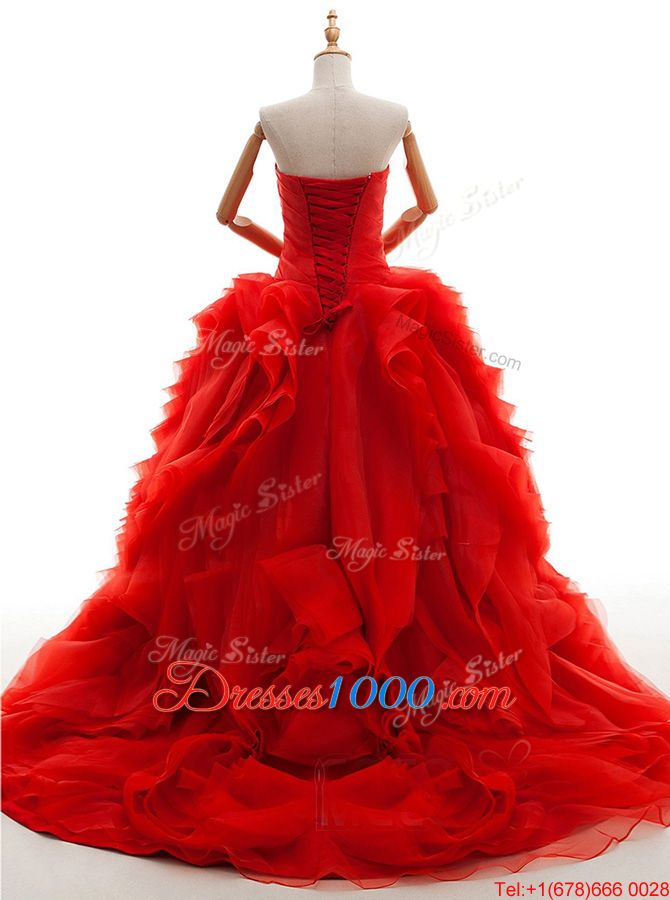 Fantastic Sleeveless Tulle Brush Train Lace Up Wedding Gown in Red for with Ruffles and Ruching