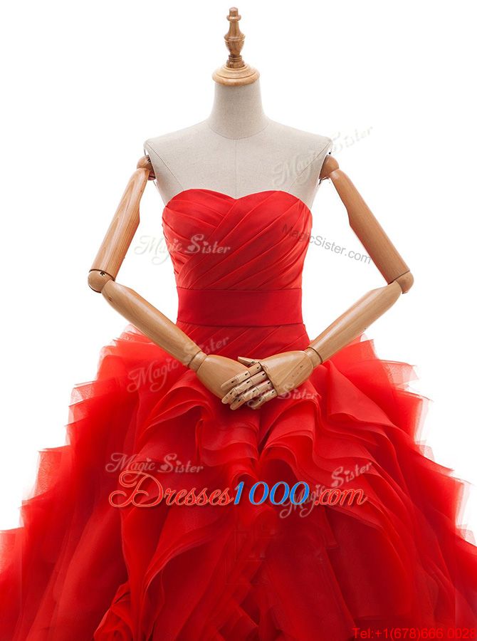 Fantastic Sleeveless Tulle Brush Train Lace Up Wedding Gown in Red for with Ruffles and Ruching