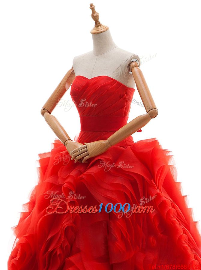 Fantastic Sleeveless Tulle Brush Train Lace Up Wedding Gown in Red for with Ruffles and Ruching
