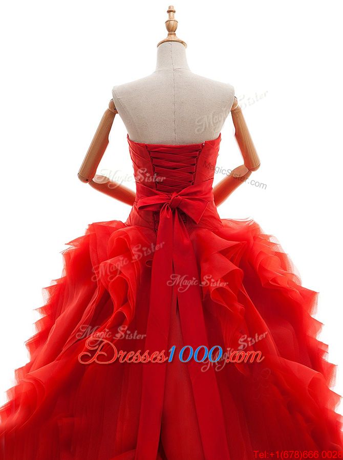 Fantastic Sleeveless Tulle Brush Train Lace Up Wedding Gown in Red for with Ruffles and Ruching