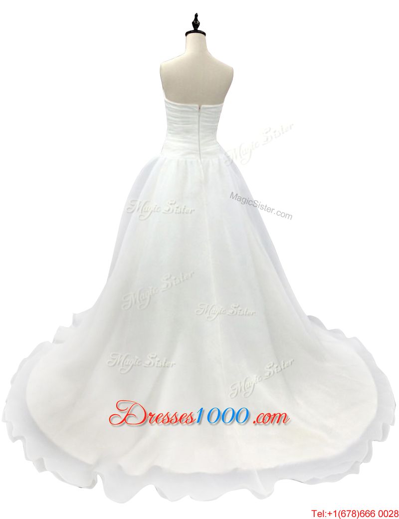 White Organza Zipper Wedding Gown Sleeveless With Brush Train Ruching