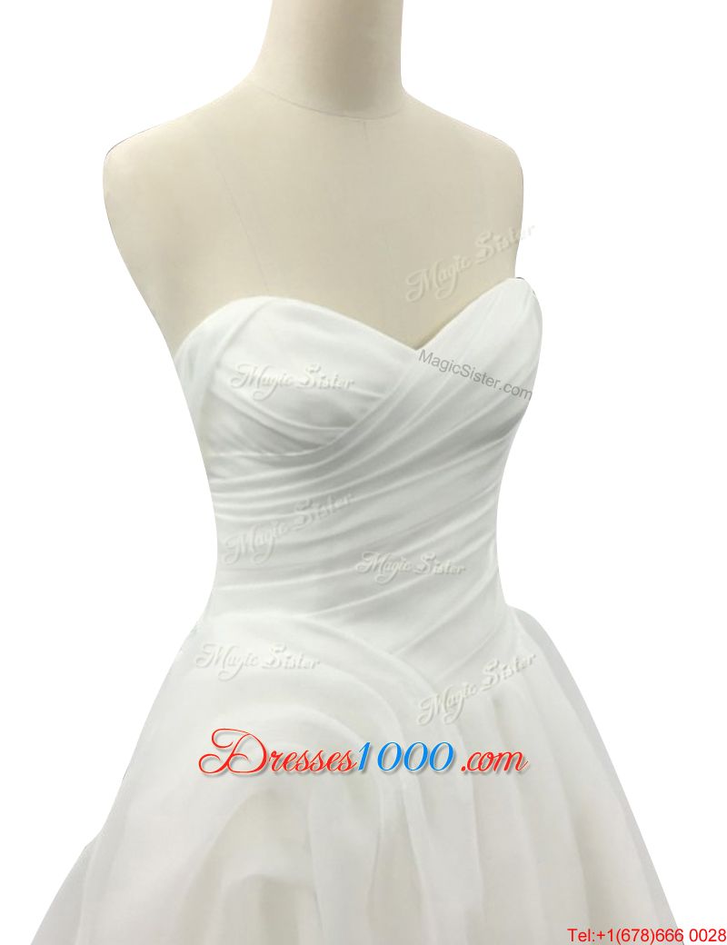 White Organza Zipper Wedding Gown Sleeveless With Brush Train Ruching