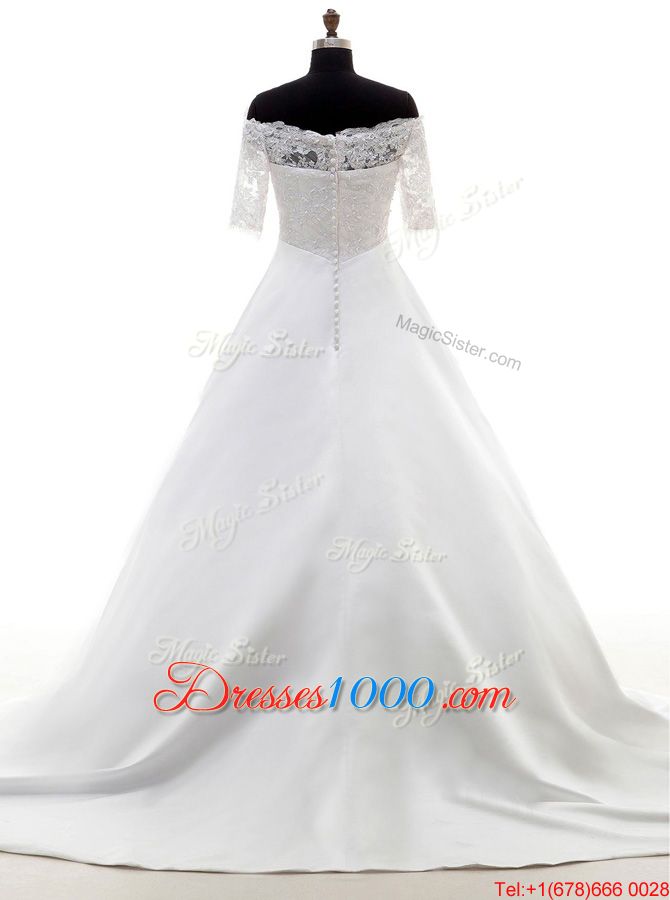Captivating White Satin Clasp Handle Off The Shoulder Half Sleeves With Train Wedding Gowns Brush Train Lace