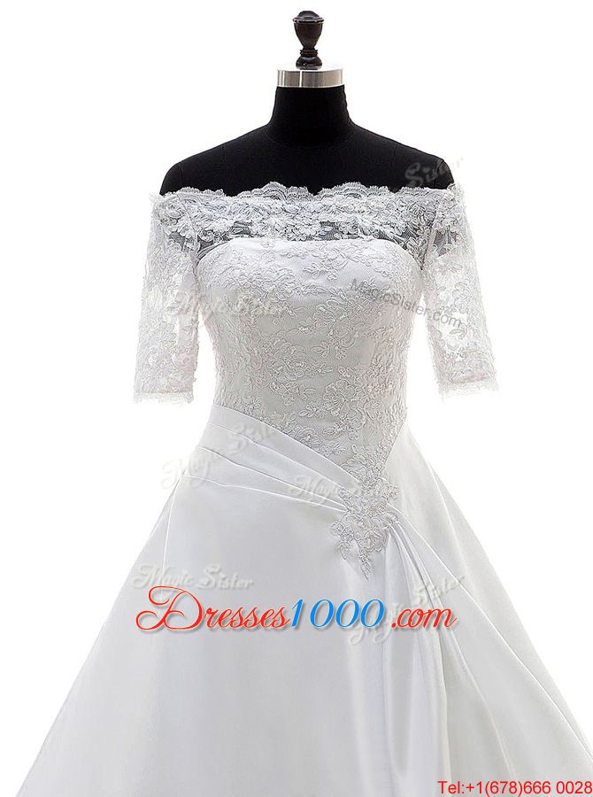 Captivating White Satin Clasp Handle Off The Shoulder Half Sleeves With Train Wedding Gowns Brush Train Lace