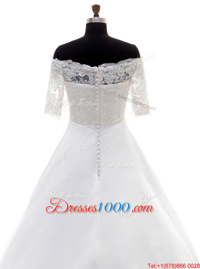Captivating White Satin Clasp Handle Off The Shoulder Half Sleeves With Train Wedding Gowns Brush Train Lace