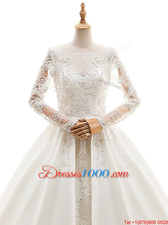 Scoop Long Sleeves Wedding Gown With Train Cathedral Train Appliques White Satin