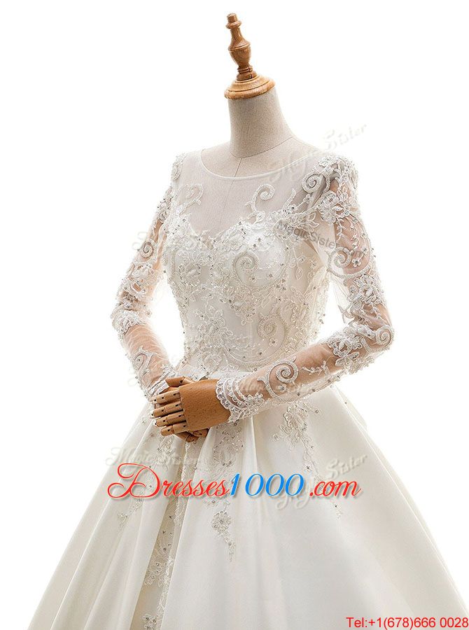 Scoop Long Sleeves Wedding Gown With Train Cathedral Train Appliques White Satin