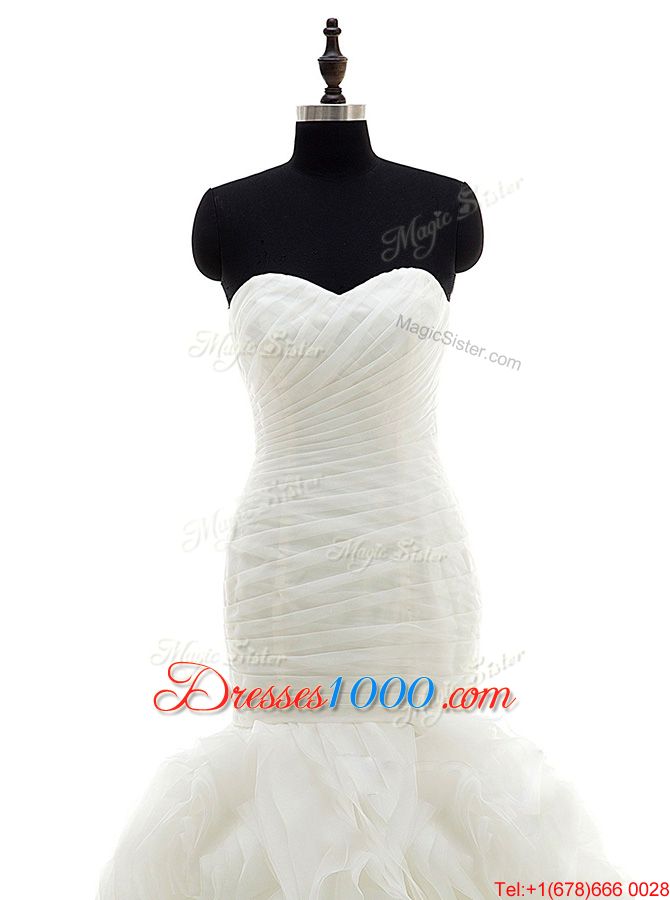 Unique Mermaid White Sweetheart Lace Up Ruffles and Ruching Bridal Gown Brush Train Sleeveless