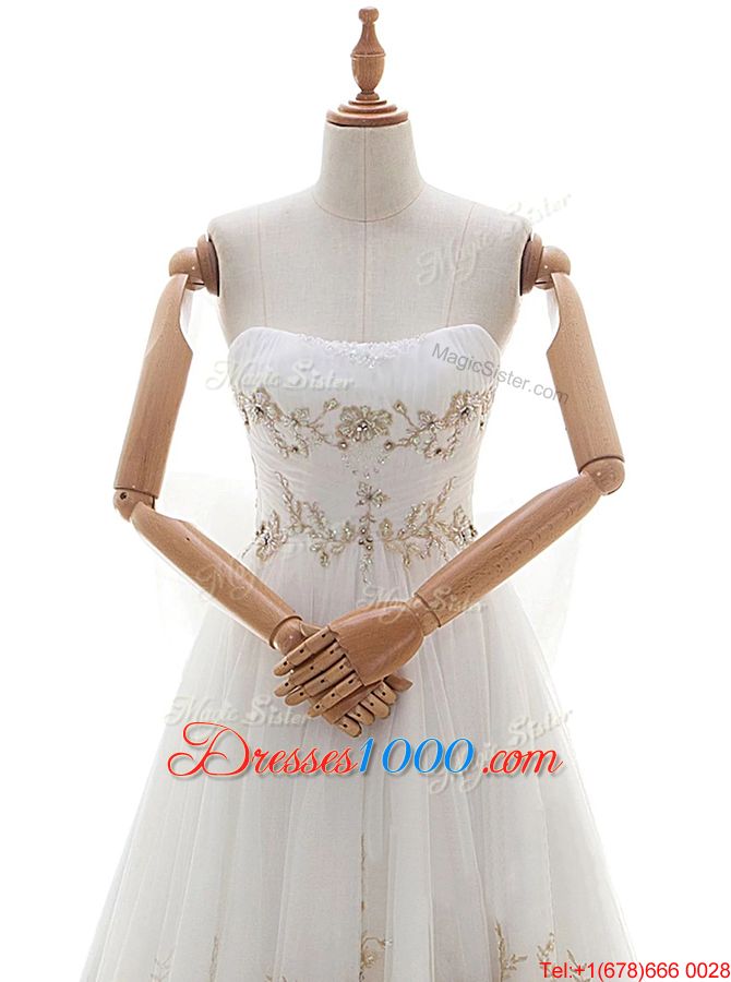 Glittering Sleeveless Tulle With Train Chapel Train Lace Up Wedding Gowns in White for with Appliques and Bowknot