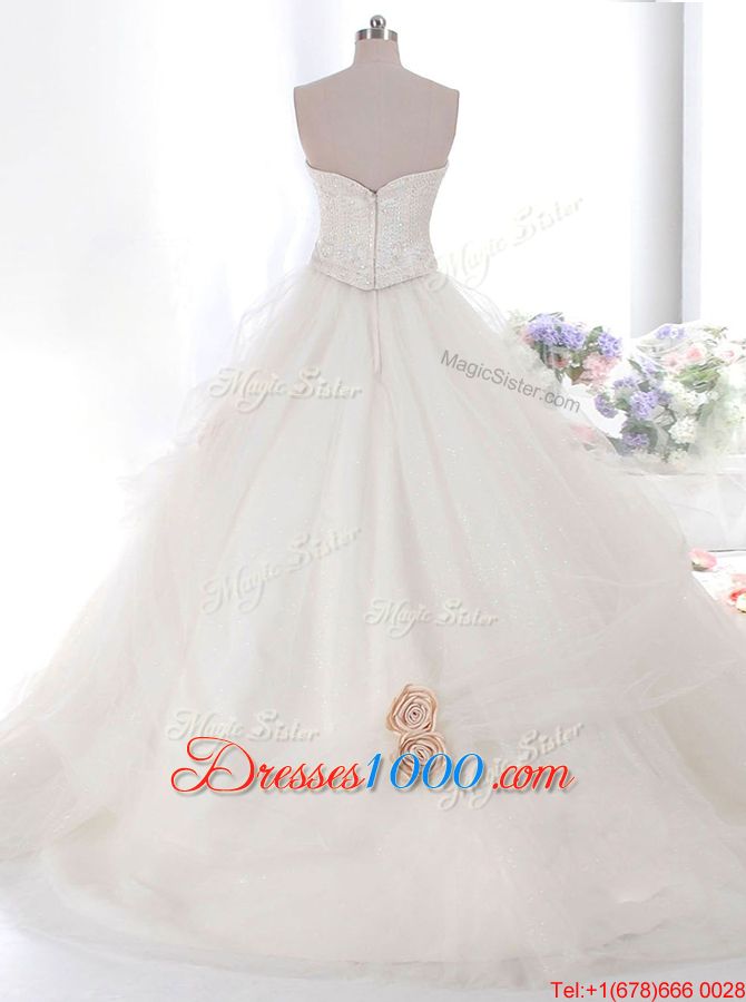 Inexpensive White Zipper Strapless Hand Made Flower Wedding Gown Tulle Sleeveless Brush Train