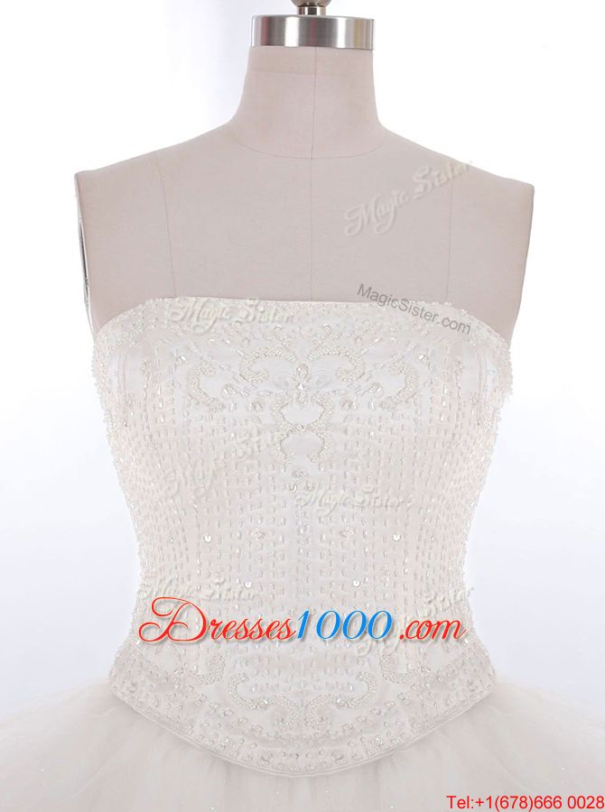 Inexpensive White Zipper Strapless Hand Made Flower Wedding Gown Tulle Sleeveless Brush Train