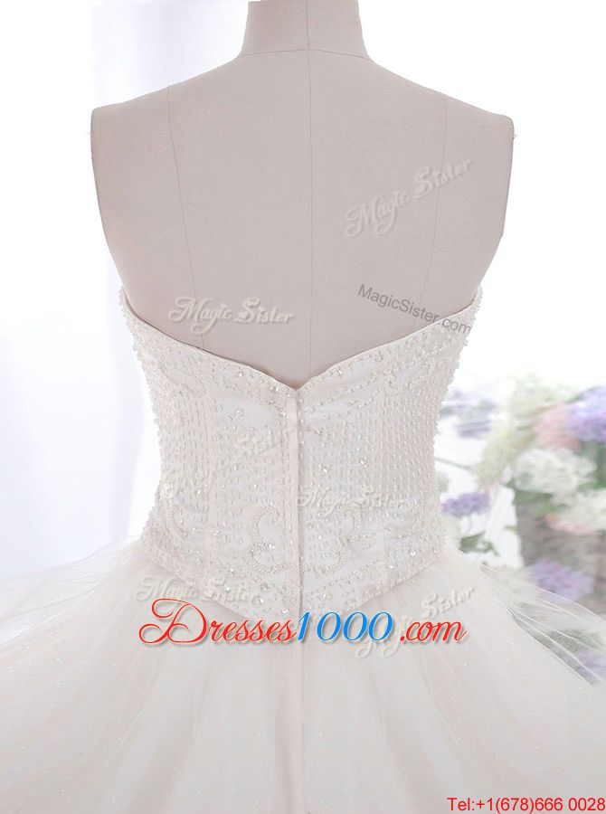 Inexpensive White Zipper Strapless Hand Made Flower Wedding Gown Tulle Sleeveless Brush Train