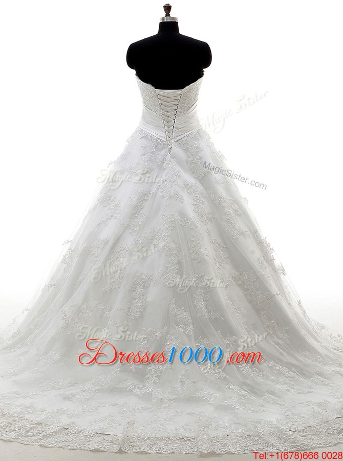 Lovely Scoop White Sleeveless Tulle Brush Train Zipper Wedding Dresses for Wedding Party