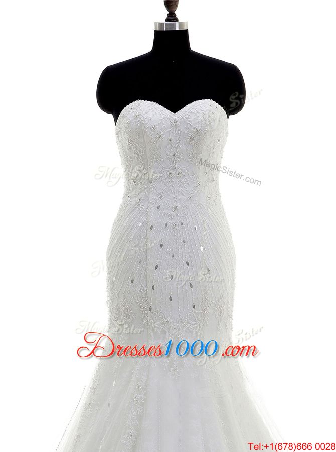 Classical Mermaid White Sweetheart Neckline Beading and Lace Wedding Dress Sleeveless Zipper