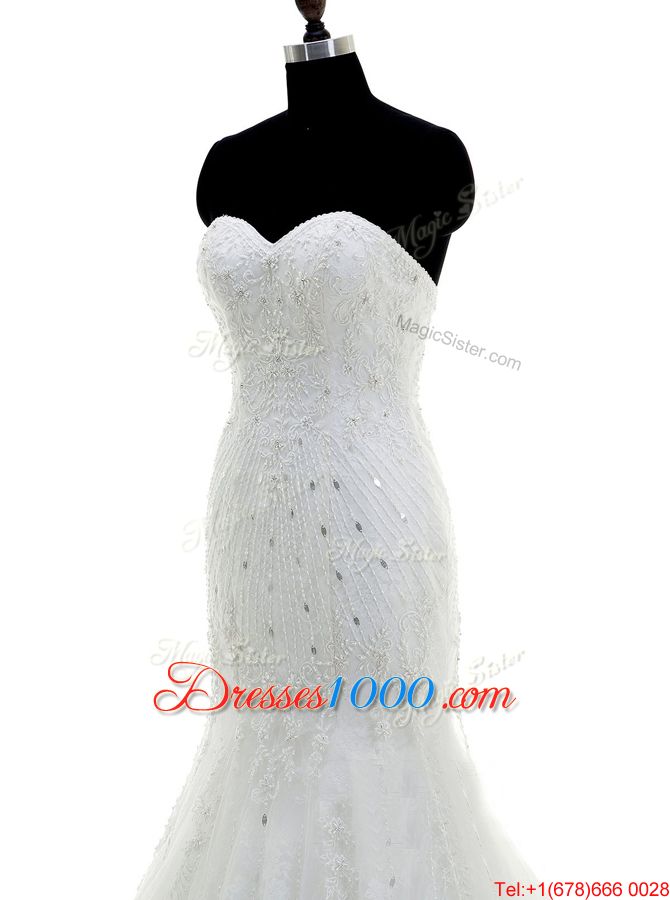 Classical Mermaid White Sweetheart Neckline Beading and Lace Wedding Dress Sleeveless Zipper