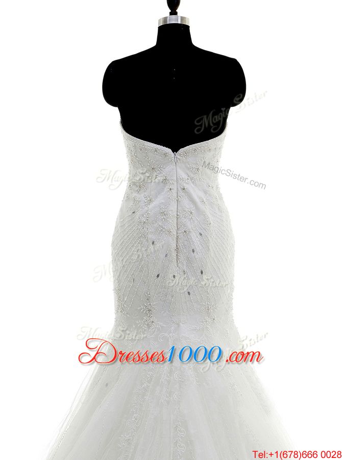 Classical Mermaid White Sweetheart Neckline Beading and Lace Wedding Dress Sleeveless Zipper