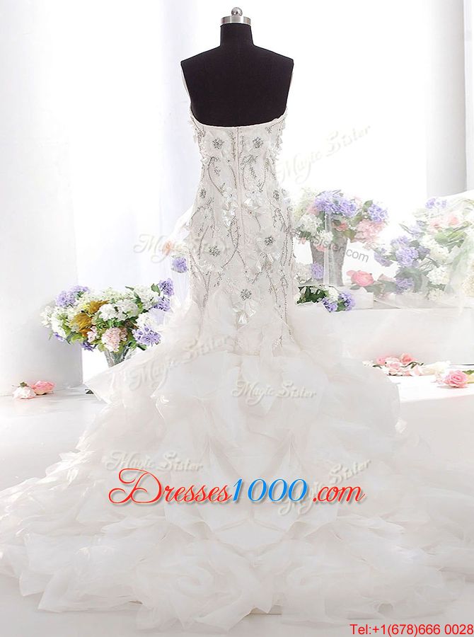 Glorious Mermaid Zipper Bridal Gown White and In for Wedding Party with Beading and Appliques Brush Train
