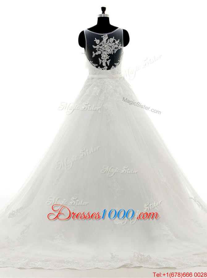 Super White A-line Tulle Spaghetti Straps Sleeveless Lace and Appliques and Hand Made Flower With Train Side Zipper Wedding Gown Brush Train