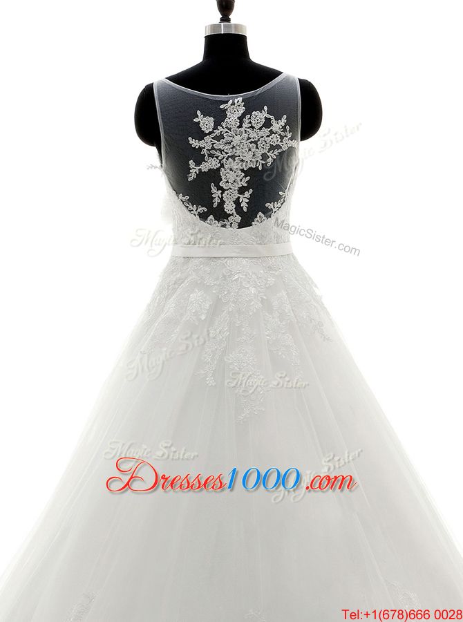 White Sleeveless Brush Train Beading and Lace With Train Wedding Gown