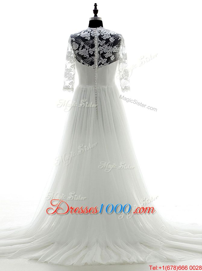 Fashion White Wedding Gowns Wedding Party and For with Appliques Sweetheart 3|4 Length Sleeve Brush Train Zipper