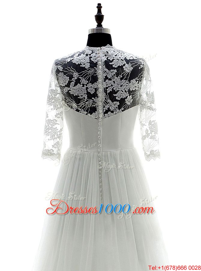 Fashion White Wedding Gowns Wedding Party and For with Appliques Sweetheart 3|4 Length Sleeve Brush Train Zipper