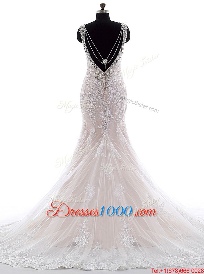 With Train Backless Wedding Gowns White and In for Wedding Party with Beading and Lace Brush Train