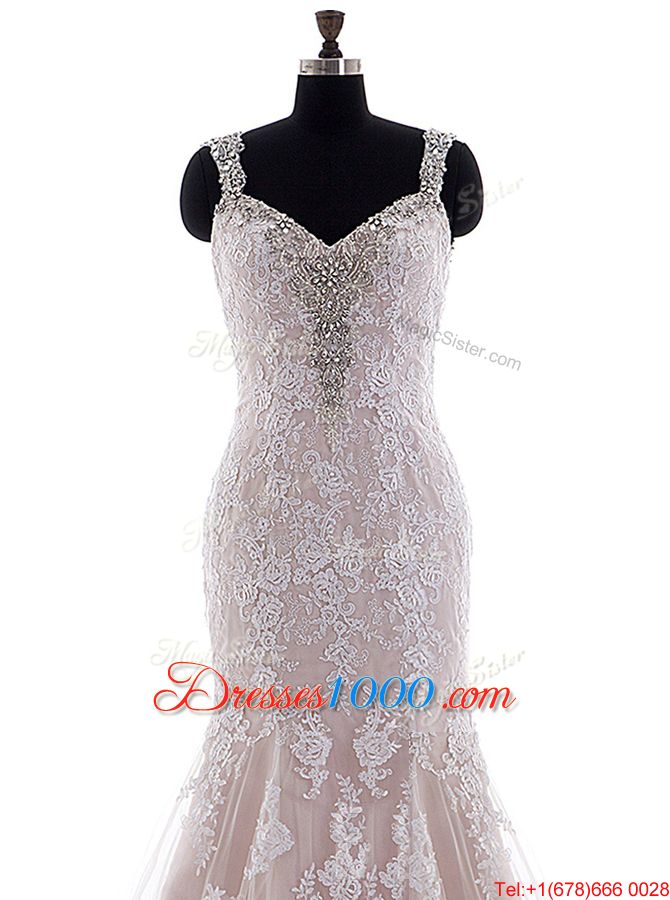 With Train Backless Wedding Gowns White and In for Wedding Party with Beading and Lace Brush Train