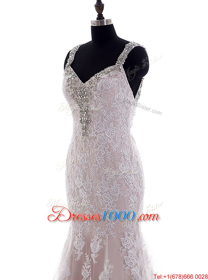 With Train Backless Wedding Gowns White and In for Wedding Party with Beading and Lace Brush Train