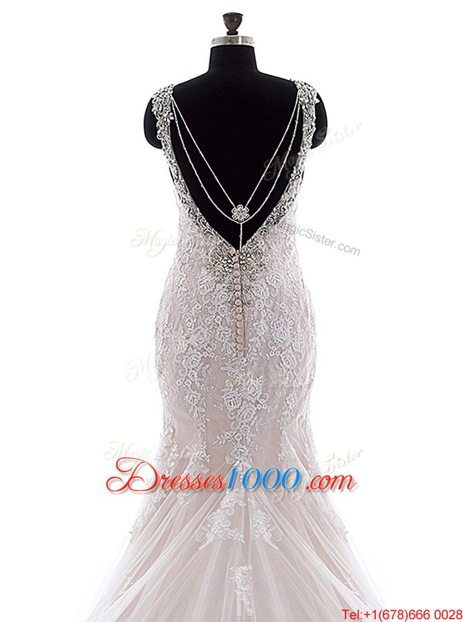 With Train Backless Wedding Gowns White and In for Wedding Party with Beading and Lace Brush Train