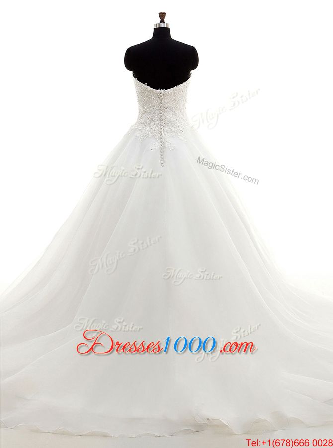 Extravagant White Sleeveless Brush Train Beading and Lace With Train Wedding Dresses