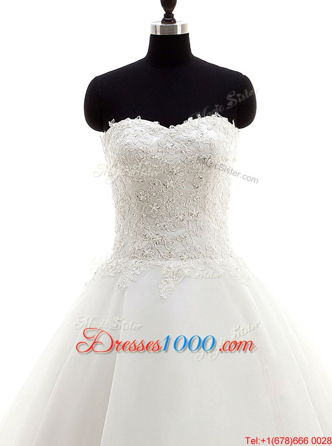 Extravagant White Sleeveless Brush Train Beading and Lace With Train Wedding Dresses