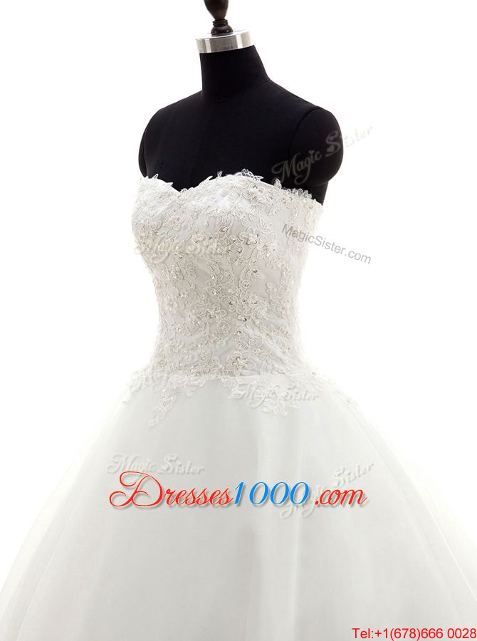 Extravagant White Sleeveless Brush Train Beading and Lace With Train Wedding Dresses