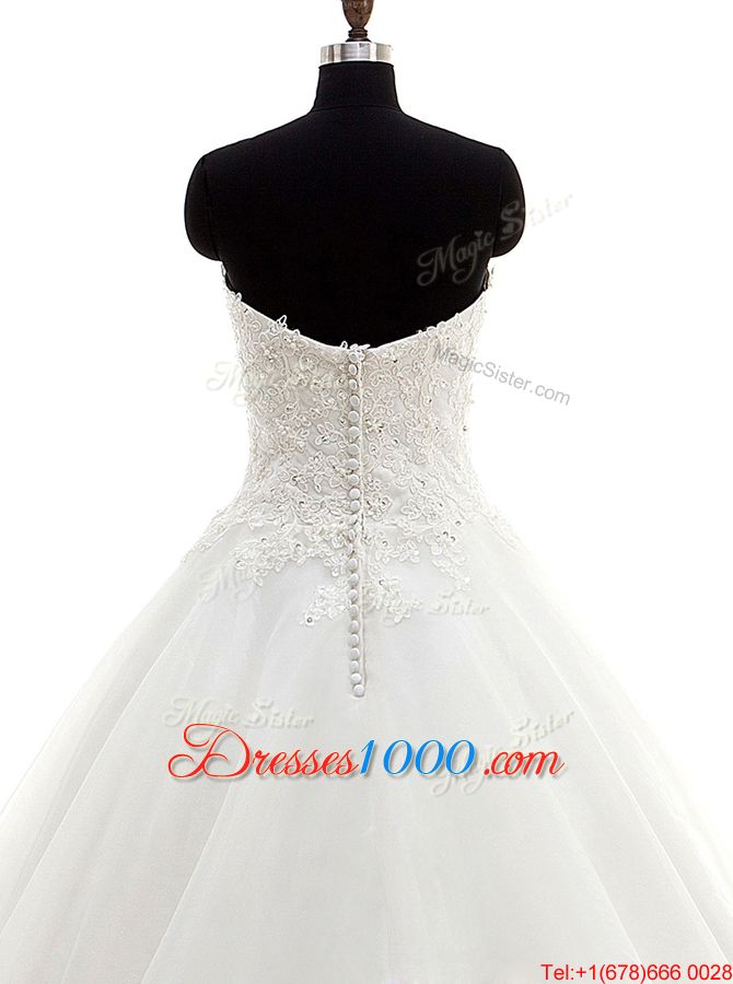 Extravagant White Sleeveless Brush Train Beading and Lace With Train Wedding Dresses