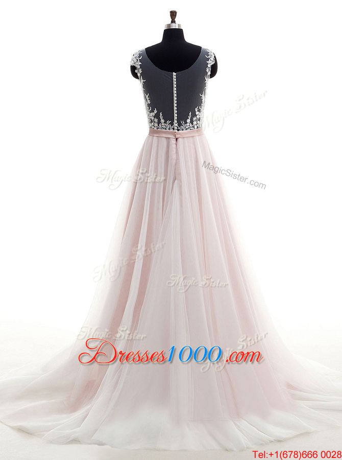 Inexpensive Pink Tulle Clasp Handle Scoop Sleeveless With Train Wedding Dress Brush Train Lace