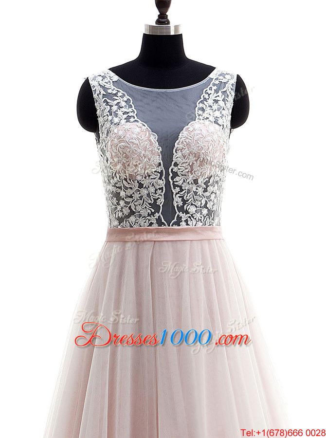 Inexpensive Pink Tulle Clasp Handle Scoop Sleeveless With Train Wedding Dress Brush Train Lace
