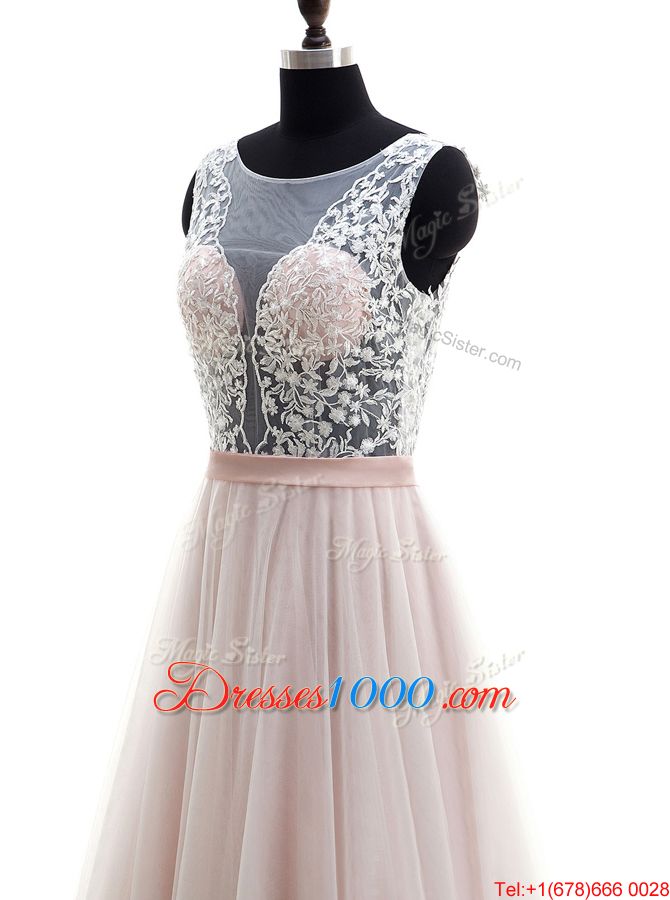 Inexpensive Pink Tulle Clasp Handle Scoop Sleeveless With Train Wedding Dress Brush Train Lace