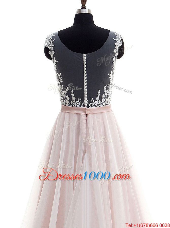 Inexpensive Pink Tulle Clasp Handle Scoop Sleeveless With Train Wedding Dress Brush Train Lace