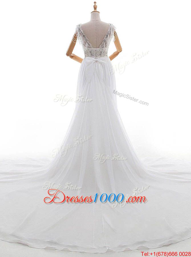 Top Selling White Empire V-neck Cap Sleeves Chiffon With Train Chapel Train Side Zipper Beading and Bowknot Bridal Gown