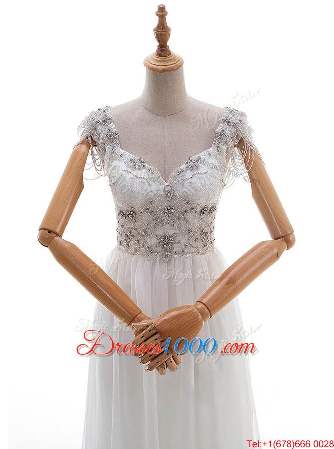 Top Selling White Empire V-neck Cap Sleeves Chiffon With Train Chapel Train Side Zipper Beading and Bowknot Bridal Gown