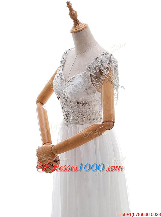 Top Selling White Empire V-neck Cap Sleeves Chiffon With Train Chapel Train Side Zipper Beading and Bowknot Bridal Gown
