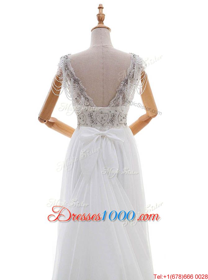 Top Selling White Empire V-neck Cap Sleeves Chiffon With Train Chapel Train Side Zipper Beading and Bowknot Bridal Gown