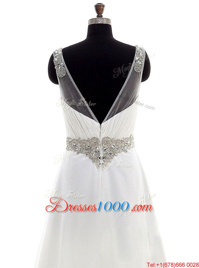 V-neck Sleeveless Brush Train Zipper Wedding Dress White Chiffon