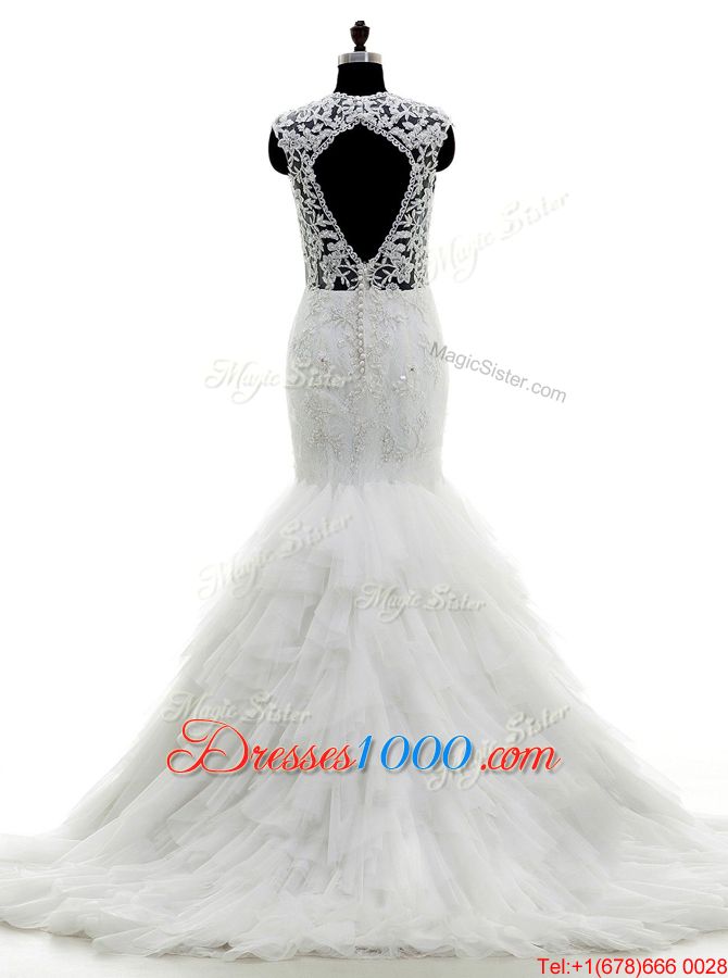 Amazing Mermaid V-neck Sleeveless Tulle Wedding Gown Beading and Lace and Ruffles Brush Train Clasp Handle