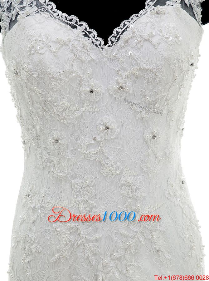 Amazing Mermaid V-neck Sleeveless Tulle Wedding Gown Beading and Lace and Ruffles Brush Train Clasp Handle
