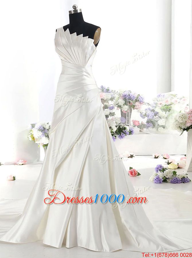 Low Price White Zipper One Shoulder Ruffles Bridal Gown Satin Sleeveless Chapel Train